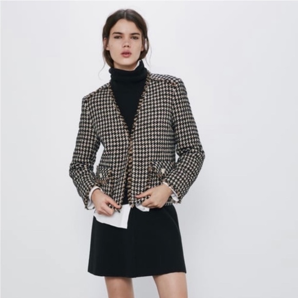 Zara Wool Tweed Houndstooth Boxy Fringe Hem Blazer Neutral Jacket size Small - Picture 1 of 13
